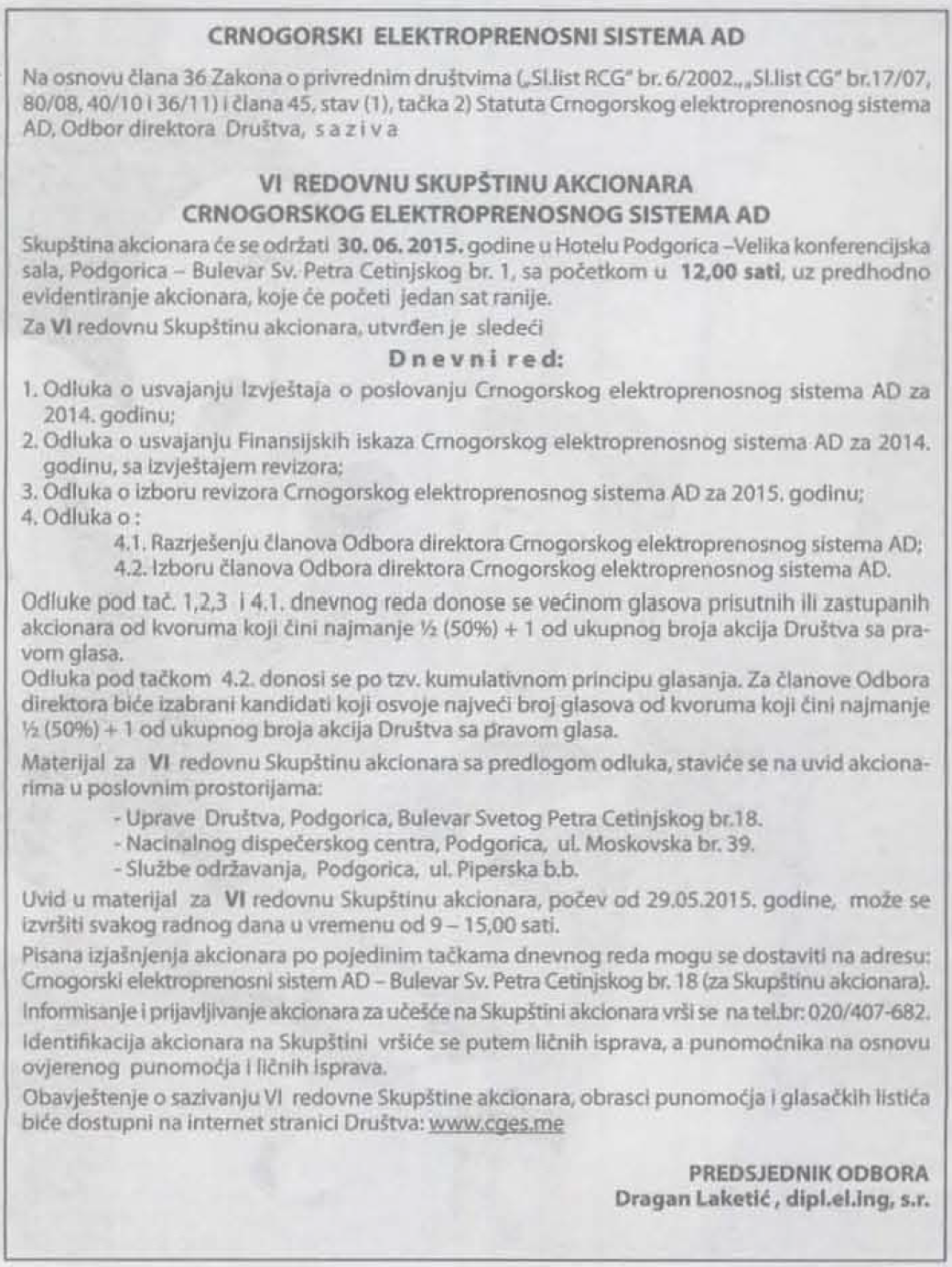 VI REDOVNA SKUPŠTINA AKCIONARA